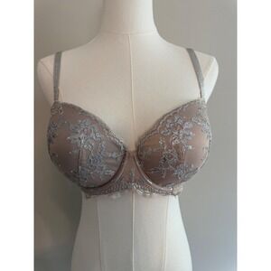 Victoria's Secret Dream Angels Lace‎ Rhinestone Strap Bra 34DD Beige Silver